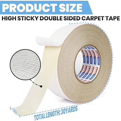 ADHES Doppelseitiges Teppichband Extra Stark, 50MM x 27M x 1 Roll abnehmbares und rückstandsfreies rutschfestes Teppich-Greifer für Hartholzböden, Teppich-Band für Area Rugs, Weiß - Cheap-Us