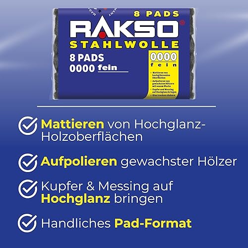 RAKSO Stahlwolle extrafein 0000-8 Pads, poliert gewachstes Holz, Kupfer, Messing, mattiert Oberflächen, säubert Glas - Cheap-Us