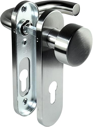 SN-TEC Stahltür FH Tür Knauf - Beschlag für Feuerschutztüren, mit einseitigen Knauf, abgerundetes Schild, Edelstahl Matt A2 nach DIN 18273 FS - Cheap-Us