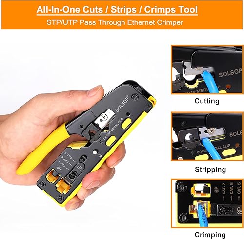Solsop RJ45 Crimpwerkzeug Set - Crimpzange RJ45, Cat5 Cat6 Crimpwerkzeug, 50 Stück CAT5e, CAT6-Durchgangsstecker, Mini-Abisolierzange - Cheap-Us