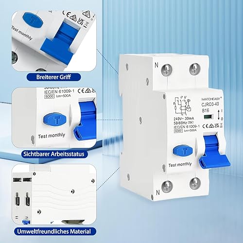 Fi ls Schalter, Fi Schutzschalter 16A, RCBO B16A 30mA, Fehlerstromschutzschalter, RCD Protected Circuit Breaker, Type A, 230V, 1P+N, DIN Rail Mounting, Curve B, Weiß/Blau - Cheap-Us