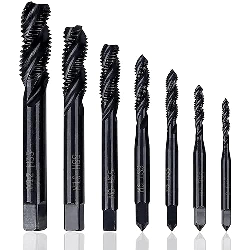 KEWAYO 7 Stück Gewindebohrer Set, HSS 6542 Nitrieren Metrisch Spiralnutbohrer, Maschinengewindebohrer Gewindebohrer Satz M3 M4 M5 M6 M8 M10 M12 für Metall Holz Bohrer - Cheap-Us