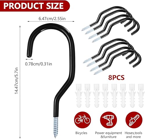 8 Fahrradhaken, Wandhaken Garagenhaken, Fahrradhalter Schraubhaken Groß, Decke Wandhalterung Schwerlasthaken Wandhaken zum Schrauben mit Beschichtung für Garage Garten Werkzeug Leiterhaken (schwarz) - Cheap-Us