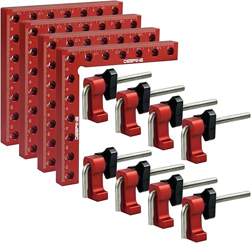 DEEFIINE 90 Grad Winkel Klemme Positionierwinkel 140mm/5,5 Zoll, 4 Paare Befestigungsclips, Messwinkel Rechtwinklige Klemme für Zimmermannswerkzeug, Winkelspanner für Bilderrahmen Regalschränke (Rot) - Cheap-Us