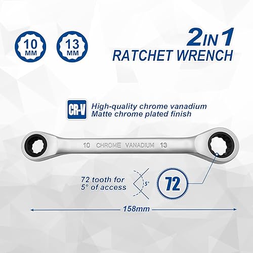 DAKCOS 4 in 1 Ratschenschlüssel umschaltbar 10x13-17x19mm Doppel Ratschenringschlüssel aus CR-V mit mattierter Chromoberfläche - Cheap-Us