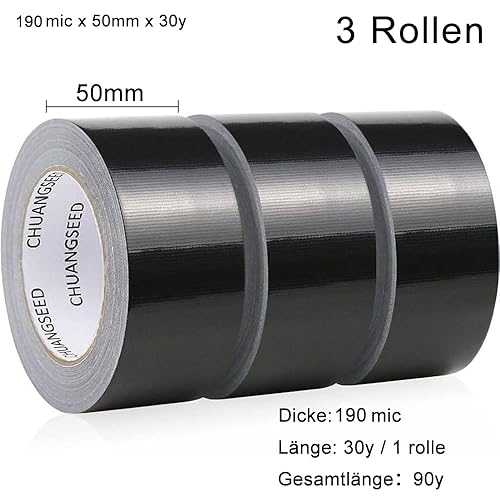 CHUANGSEED 3 Rollen Panzertape extra stark, Gewebe-Klebeband 27.4 m x 50 mm – Wasserdichtes Reparaturband für innen & außen gewebeverstärktes Reparaturband(Schwarz 3 Rollen) - Cheap-Us