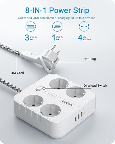 LENCENT 4 Fach Flachstecker Steckdosenleiste, USB Steckdosenleiste mit Überspannungsschutz, 4 AC, 3 USB und 1 Typ C Anschlüsse, Steckerleiste mit 2M Geflochtenem Kabel für Wandsteckdose - Cheap-Us