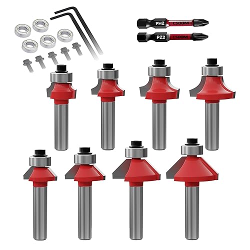 CSOOM 8 Stück 8mm schaft Fräser Set, Fasefräser und Abrundfräser, mit 2 Schlagmagnetspitzen und austauschbaren Kugellagern, Hartmetallfräser, Werkzeuge für die Holzbearbeitung - Cheap-Us