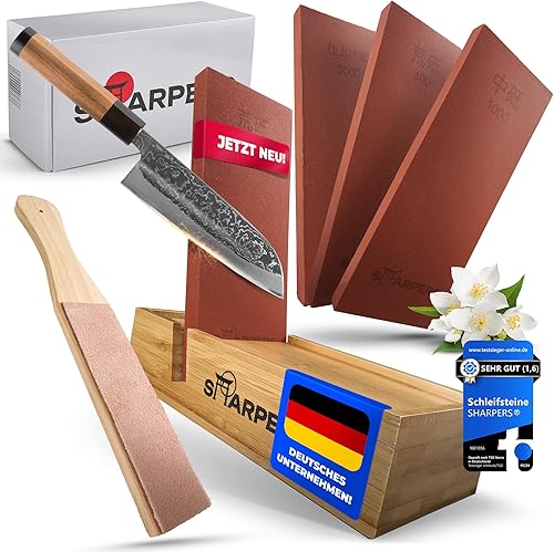 SHARPERS® Schleifstein Set, 400/1000/3000 Körnung, Grind-Station, Abziehleder, inkl. Video-Schleifkurs | Schleifstein Messer für Anfänger und Profis - Cheap-Us