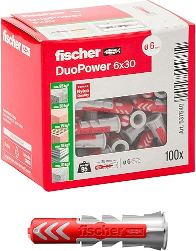 Fischer DuoPower Dübel, 6 x 30 mm, für Mauern, Lochstein, Gipskarton, 537640, 100 Stück - Cheap-Us