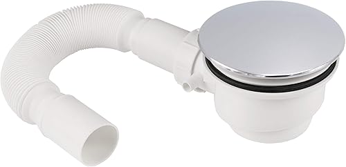 VILSTEIN Ablaufgarnitur Duschwanne 90mm, Siphon mit Geruchsstop und Haarsieb, Duschablauf kompakt mit Flexschlauch, Chrom Abdeckung - Cheap-Us