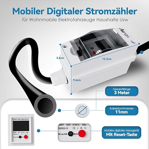 AIFIZO Mobiler Digitaler Stromzähler mit Reset 2m, 3 Phasen 16A 400V CEE-Stecker und Kupplung Drehstromzähler, IP55 CEE Adapter Stromzähler für Steckdose - Cheap-Us