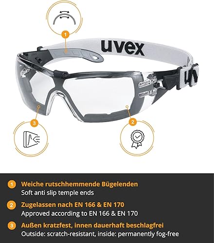 Uvex Pheos Guard Schutzbrille - Außen kratzfest, innen dauerhaft beschlagfrei - mit Kopfband - Transparent/Schwarz-Grau - Cheap-Us