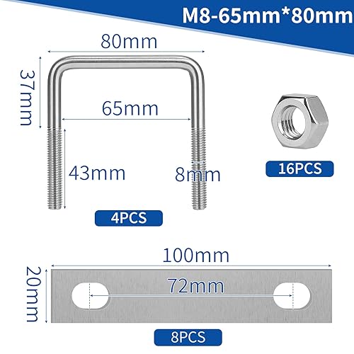 EFUTURETIME 8 x U Schrauben M8 Bolzen 60mm x 100mm mit 16 Gegenplatte, Bügelbolzen Bügelschelle Edelstahl für Zaunpfosten, Rohr Befestigung, Auto Abschleppen - Cheap-Us