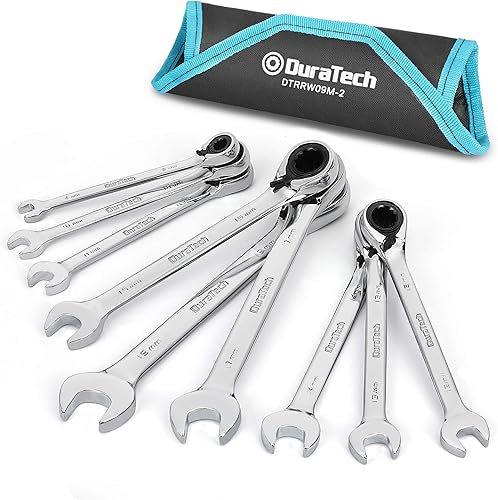 DURATECH 9-tlg Ratschenschlüssel Satz, Umschaltbarer Gabelschlüssel Ringmaulschlüssel-Satz, Ring-Maulschlüssel-Satz 8-19mm, Chrom-Vanadium-Stahl, inkl. Rolltasche - Cheap-Us
