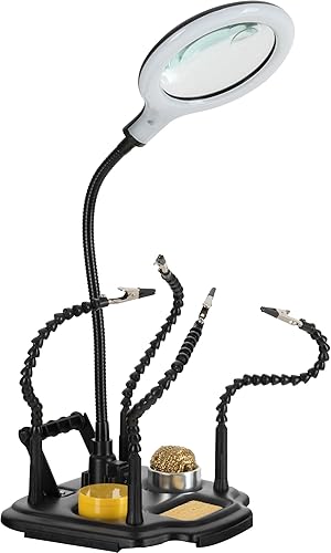 Stagecaptain LH-440 Löthilfe mit Lupenleuchte - Helfende Hand für Bastel- und Lötarbeiten - Flexible Arme mit Krokodilklemme - Biegsame Lupe (3/12 Dioptrien) mit LED-Beleuchtung - Lötspitzenreiniger - Cheap-Us