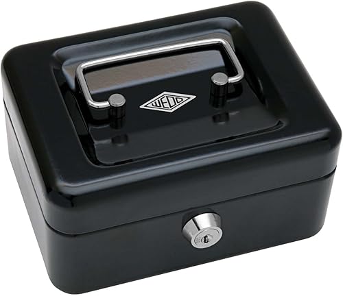 Wedo 145121H Geldkassette (aus pulverbeschichtetem Stahl, versenkbarer Griff, Geldnoten- und Belegeklammer, 4 -Fächer-Münzeinsatz, Sicherheits-Zylinderschloss, 15,2 x 11,5 x 8,0 cm) schwarz - Cheap-Us