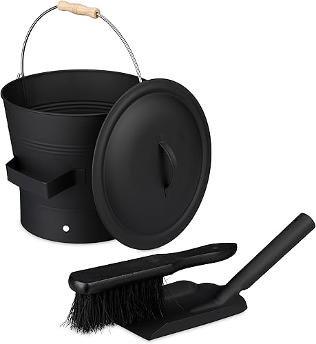 Relaxdays Ascheeimer mit Deckel und Kehrset, 7,5 L, inkl. Aschebesen & Kaminschaufel, Aschebehälter mit Henkel, schwarz - Cheap-Us