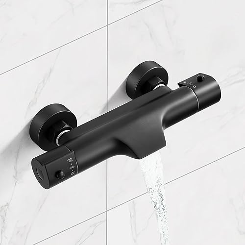 SINKTORY Wasserfall Badewannenarmatur mit Thermostat 2 Auslässen Schwarz Duscharmatur für Dusche und Badewanne, Mischbatterie Dusche Thermostat mit 38 °C Sicherheitstaste, Messing Wannenarmatur - Cheap-Us