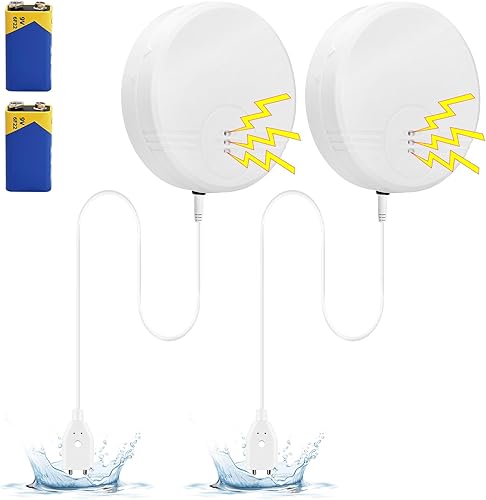 Cuteefun Wassermelder, 2er Pack Wasserstandssensor mit 100cm Verlängerungskabel, 130dB Laute Wasseralarm, Boden & Wandmontage Möglich, Batteriebetrieben, Wassersensor für Keller, Bad, Küche - Cheap-Us