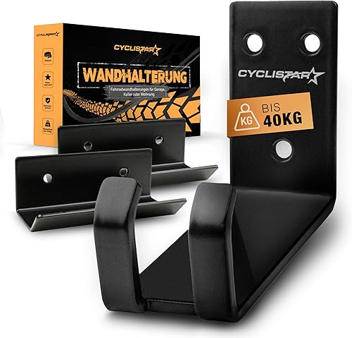 CYCLISTAR Fahrrad Wandhalterung bis 40kg − Robuste Fahrradhalterung Wand für MTB, Rennrad, E-Bike − Fahrradhalter Wand Pedalaufhängung +2X Stützwinkel - Cheap-Us