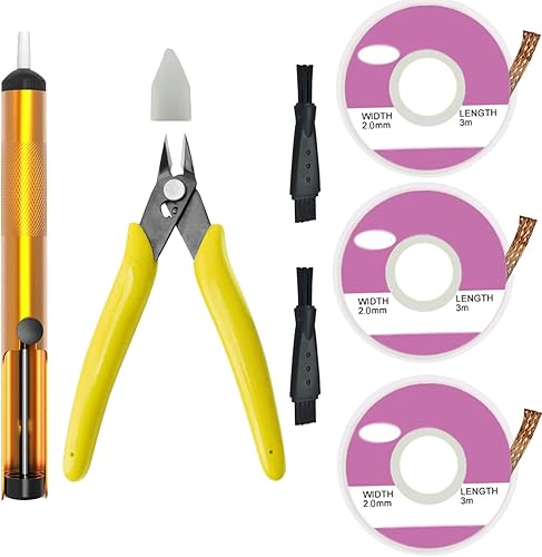 Lötsauger-Entlötpumpe, Lötsauger-Entlötdocht-Kit, einschließlich Mikroscher-Drahtschneiderzange mit Zangenscheide, 3-teilige Entlötdochte (2 mm Breite, 3 m Länge), 2-teilige Reinigungsbürste - Cheap-Us