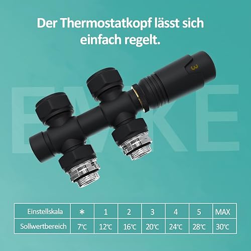 EMKE Multiblock Heizkörper Ventil-Armaturen, Hahnblock Heizungszubehör Eck und Durchgangsform, Ventilhahnblock Heizkörperventil mit Thermostat (φ16*G1/2', 1 Stück, Chrom) - Cheap-Us
