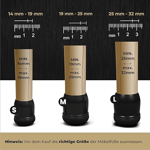 MARA WOHNHELFER® 32x Stuhlbeinkappen Rund mit 360° verstärktem Filz, Stuhlbeinschoner, Schutzkappen, Filzgleiter für Stühle (Schwarz, Mittel | Größe M | 19-25mm) - Cheap-Us