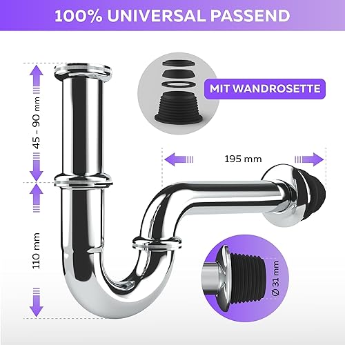 M. ROSENFELD HOME Siphon Waschbecken aus Chrom Messing Alles Dabei: Einfache Montage + Höhenverstellbar + Abflussrohr Genormten 1 1/4' + Wandrosette + Gummimanschette Röhrensiphon Geruchsverschluss - Cheap-Us