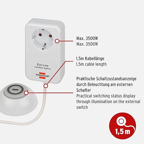 Brennenstuhl Eco Line Comfort Switch Adapter EL CSA 1 (Steckdose mit beleuchtetem Hand-/Fußschalter, mit erhöhtem Berührungsschutz, 1,5m Kabel) - Cheap-Us