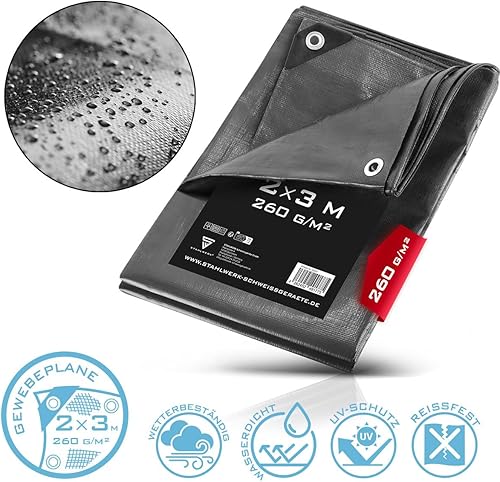 STAHLWERK Abdeckplane mit Ösen | 2 x 3m (verschiedene Größen) | 260 g/m² wasserdichte Schutzplane | Gewebeplane | Gartenplane | Bootsplane | Holzplane | PE Plane | erhältlich in 2 x 3m, 3 x 4m, 4 x 6m - Cheap-Us