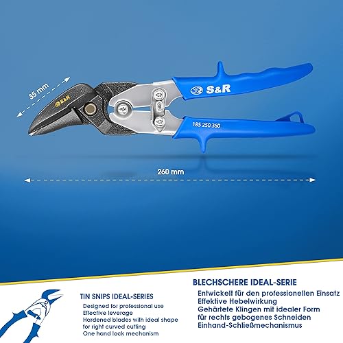 S&R Blechschere, Profi-Qualität Hochleistungsschere Ideal-Serie, stark und wendig, Rechtsschnitt, 260 mm, Durchlaufschere für Blech mit doppeltem Hebel - Cheap-Us