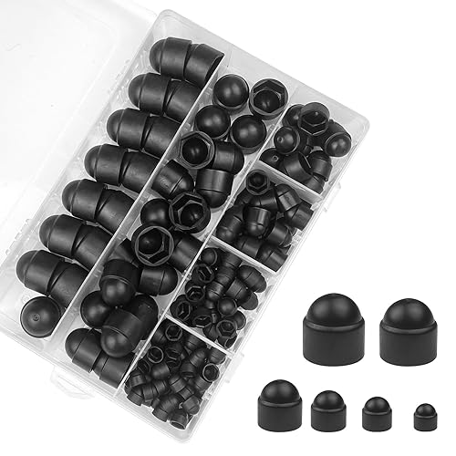 Frevoitna 145 Stück Abdeckkappen für Muttern, für M4-M12, Sechskantmutter Kappe, Sechskantschrauben Schraubenkappe Kunststoff, Innensechskant hutmuttern Schwarz, Runde Sechskant Schutzkappen, Boxed - Cheap-Us