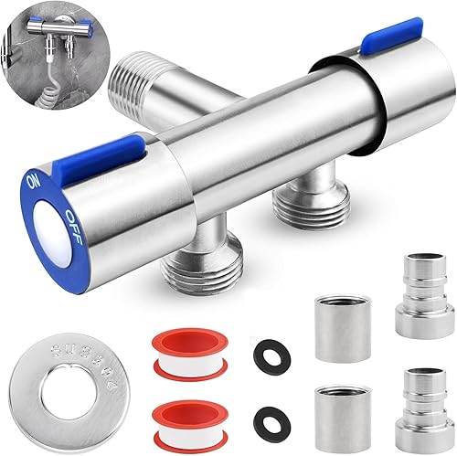 cersaty® 1 Stk Eckventil 1/2 Zoll, Doppel Geräteventil mit 2 Wasserhahnanschluss 2 Schlauchverschraubung und Klebeband für Badezimmer, WC, Waschbecken - Cheap-Us
