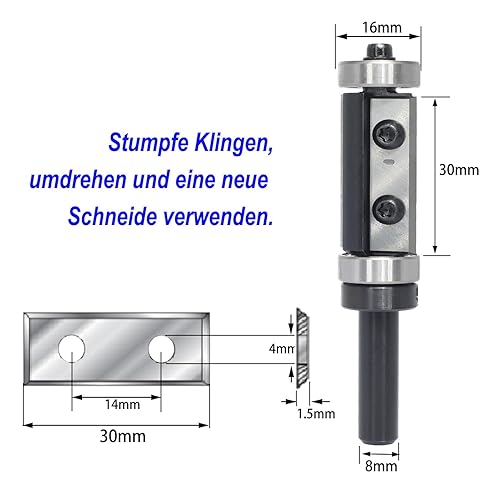 Sinoprotools Wendeplatten Bündigfräser,8mm Schaft Schnittlänge 30mm,Bündiger Fräser mit 4-seitigen Austauschbare Hartmetall(HW),mit Kugellager,für Holzbearbeitung Bündig Trimmen(S=8,Ф=16,I=30) - Cheap-Us