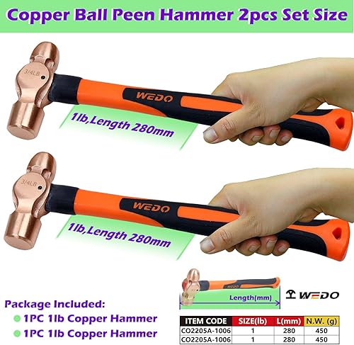 WEDO Kugel Pein Hammer,Kupferhammer,Locksmith Hammer Kopfgewicht 340g,Länge 300mm,Kupfer Ingenieurhammer mit Holzgriff,Trockenbauhammer für Zuhause,Industrie,Notfall,Dekoration - Cheap-Us