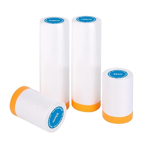 4 Rollen Abdeckfolie mit Klebeband, Abdeckfolie Maler Transparent (55cm*20Mx 2 ; 150cm * 20m x 1 ; 240cm *15m x 1), Abklebeband mit Folie zum Staubschutz, Selbstklebende Malerfolie, Goldband Malerband - Cheap-Us