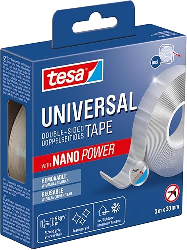 tesa Universal Nano Tape - transparentes, doppelseitiges Klebeband - leicht wiederablösbar und wiederverwendbar - wetterfest, für In- und Outdoor - 1 Rolle - 3 m x 30 mm - Cheap-Us