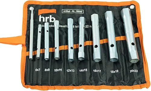 HRB Rohrsteckschlüsselsatz 8-tlg. Größen 6-22 mm inkl. Drehdorn, Schraubenschlüssel Satz in bequemer Tetron Rolltasche, ideales Langnuss Set für Arbeiten am Wasserhahn - Cheap-Us