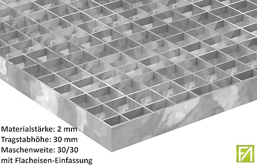 Fenau - Industrie-Rost, 1000 x 500 x 30 mm, MW: 30/30 mm, Materialstärke: 2 mm - Radlast: 1,52 kN/Flächenlast (m²): 7,84 kN, feuerverzinkt, Pressrost, Gitterrost oder Garagen-Rost, Stab-in-Stab - Cheap-Us