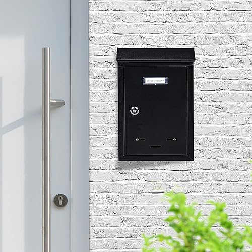 Relaxdays Letter Box with Name Plate Briefkasten mit Namensschild, aus Metall, mit 2 Schlüsseln, Postkasten schmal, HxBxT: 30,5 x 21 x 7 cm, grau, Kunststoff, Eisen - Cheap-Us