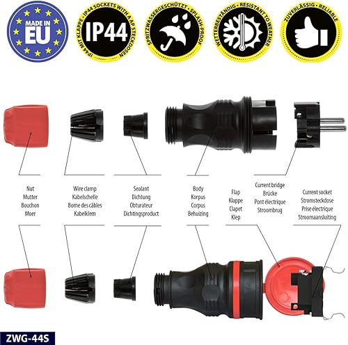 KEL Schutzkontakt Stecker & Kupplung Set 16A / 250V - IP44 Außenbereich, 3 Polig Gummi Schuko Stecker, Wasserdicht - Hermetischer Klappe - Cheap-Us