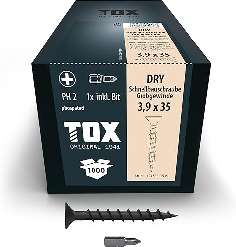 TOX Schnellbauschrauben DRY GG 3,9 x 35 mm, Schrauben schwarz phosphatiert mit Trompetenkopf + Grobgewinde, Gipskartonplatte auf Holz-Unterkonstruktion, PH2, 1000 Stück, inkl. 1x Bit, 142353213935 - Cheap-Us