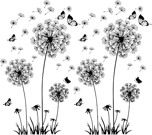 2 Stück Schwarz Wandtattoo Pusteblumen für Wanddeko,XXL Groß Löwenzahn Blumen Pflanzen Wandsticker Wandaufkleber Kleben Aufkleber Wandbilder für Wohnzimmer Schlafzimmer Vorraum Flur Fenster 165X130cm - Cheap-Us