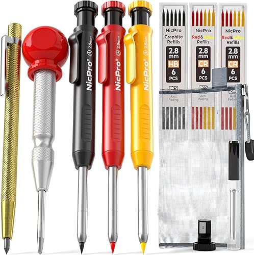Nicpro 16 Stück Tischler Bleistifte Set, Solide Zimmermannsbleistifte mit 42 Vielseitige Minen, Druckbleistift Marker, Tieflochmarker Bleistift für Holzbearbeitung, Baustelle - Cheap-Us