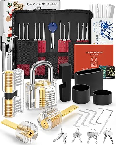 FAHEFANA 38+4-teiliges Lockpicking Set, [2023 Upgrade Version] Dietrich, mit 4 Transparente und 4 Schwarze Verschlusshülsen, Bieten Sie Entsperrungshandbuch für Professionelle Schlosser - Cheap-Us