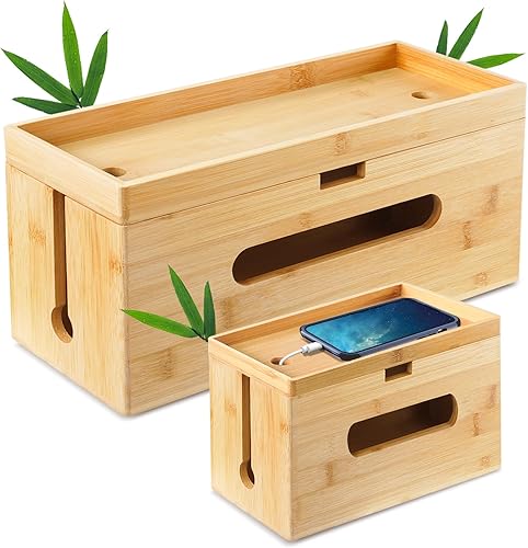 Otauoaea Kabelbox Holz [2er-Set | Groß & Klein] aus nachhaltigem Bambus - Kabelmanagement Box zum Kabelsalat Kabel Verstecken - Steckdosenbox Kabelsammler Kabel Organizer Box - Cheap-Us