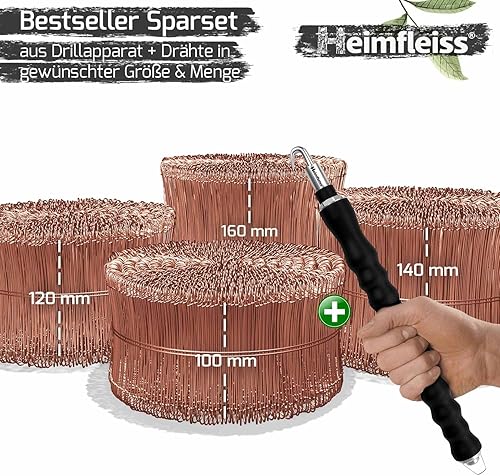 Heimfleiss® Drillapparat Driller + verkupfertem Rödeldraht 1,0 x 100-160 mm (1000 Stk) - hochwertiges Set aus Drahtbinder Rödelzange & Bindedraht Sackverschluss - Drahtverschluss Ösendraht Drill Draht - Cheap-Us