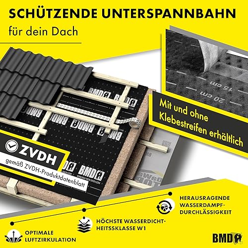 BMD 150g/m² Unterspannbahn 2 Klebekanten 75m² | 1,5m x 50m | diffusionsoffene Fassadenbahn | sd-wert 0,02 m | wasserdichte & reißfeste Schalungsbahn mit CE-Siegel | schlagregensicher | Behelfsdeckung - Cheap-Us