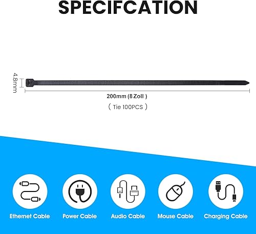 1200 Stück Kabelbinder Schwarz Set 100/150/200/250mm UV Beständig Selbsthemmend für Garten Werkstatt Kabelmanagement Mit 50 Selbstklebende Basishalter - Cheap-Us